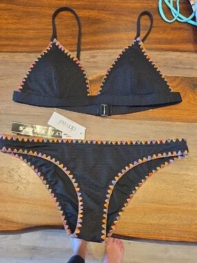 Black Crochet-Trim Triangle Bikini Set with Multicolor Accent